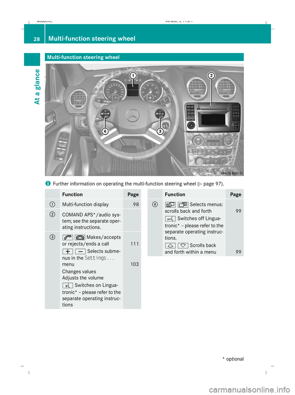 MERCEDES-BENZ GL SUV 2009  Owners Manual Multi-function steering wheel
i
Further information on operating the multi-function steering wheel (Y page 97).Function Page
:
Multi-function display 98
;
COMAND APS*/audio sys-
tem; see the separate 