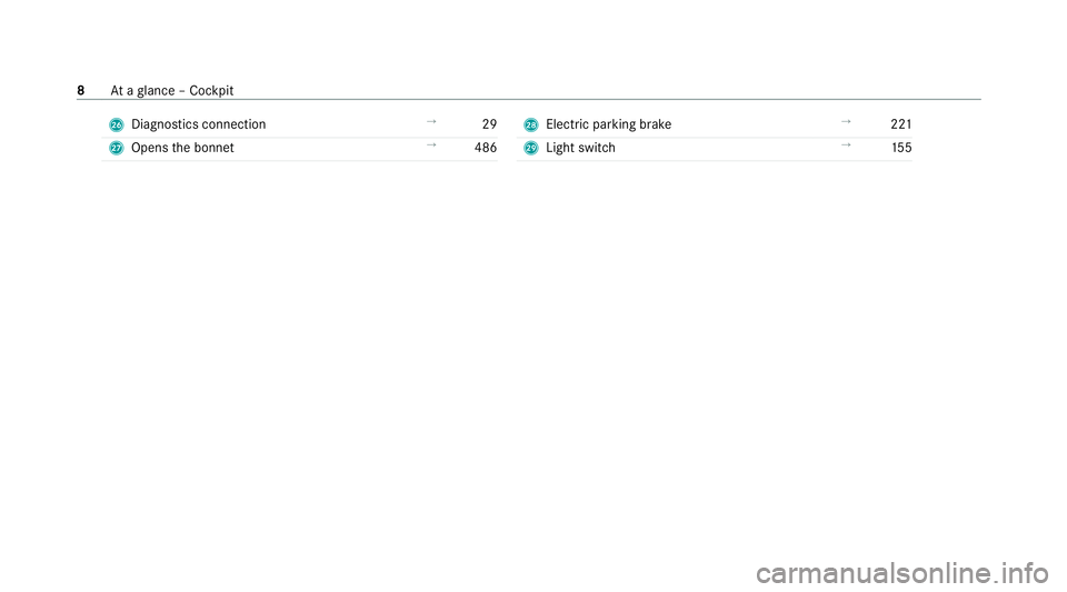 MERCEDES-BENZ GLB SUV 2019  Owners Manual Q
Diagno stics connection →
29
R Opens the bonn et →
486 S
Electric parking brake →
221
T Light switch →
15 5 8
Ataglance – Cockpit 