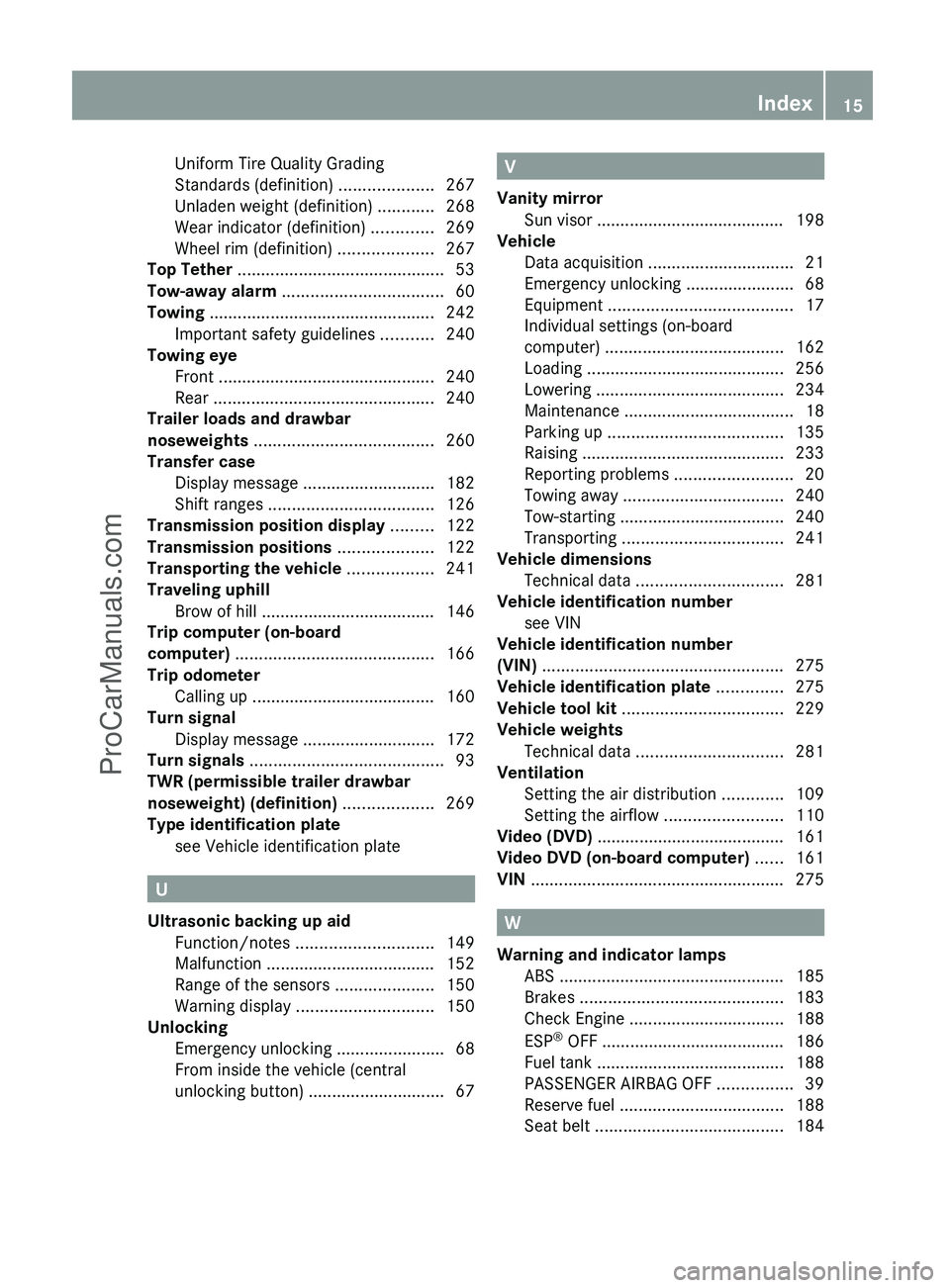 MERCEDES-BENZ G-CLASS 2011  Owners Manual Uniform Tire Quality Grading
Standards (definition)  ....................267
Unladen weight (definition)  ............268
Wear indicator (definition)  .............269
Wheel rim (definition)  ........