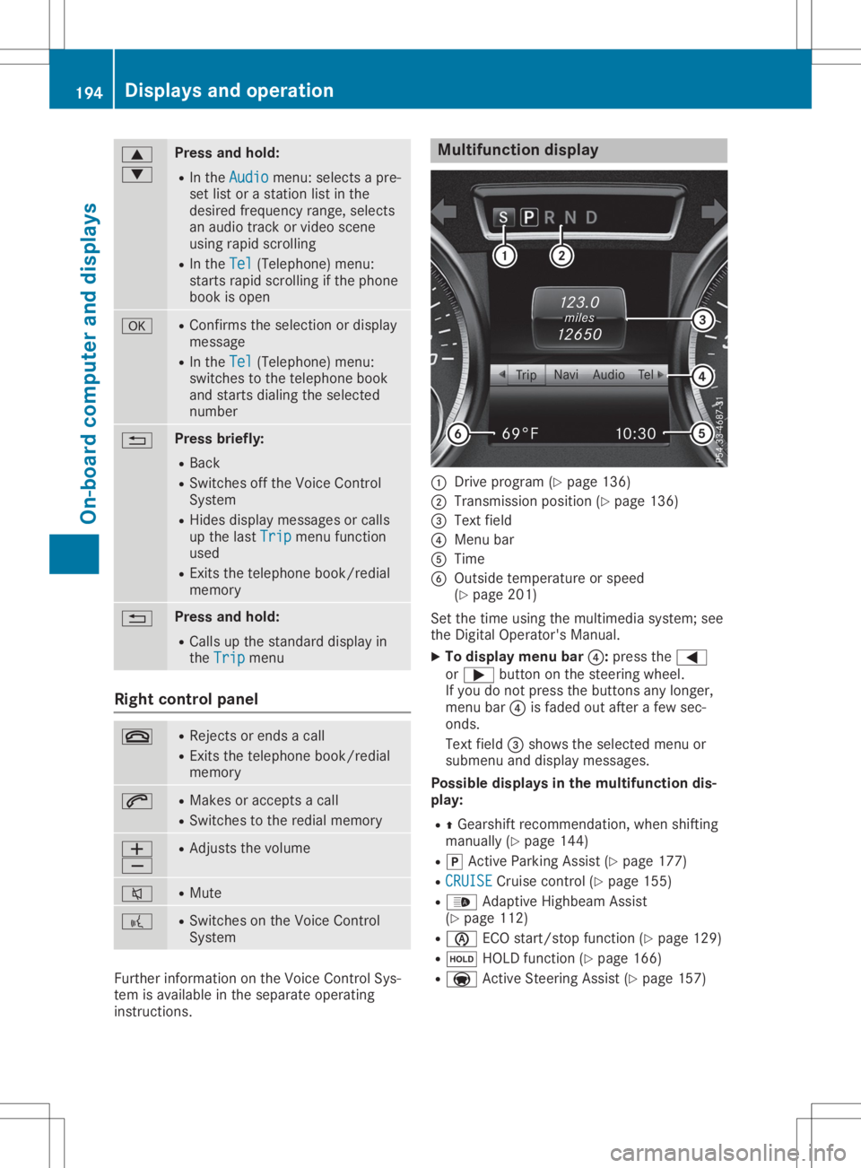 MERCEDES-BENZ SL CLASS 2020  Owners Manual 0063
0064 Press
andhold:
R In the Audio Audio
menu: selects apre-
set listorastation listinthe
desired frequency range,selects
an audio trackorvideo scene
using rapidscrolling
R In the Tel Tel
(Teleph