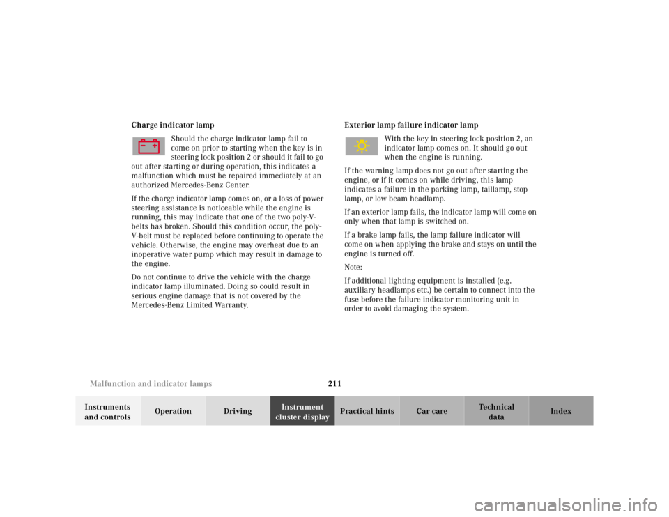 MERCEDES-BENZ SL CLASS 2002  Owners Manual 211 Malfunction and indicator lamps
Te ch n ica l
data Instruments 
and controlsOperation DrivingInstrument 
cluster displayPractical hints Car care Index Charge indicator lamp
Should the charge indic