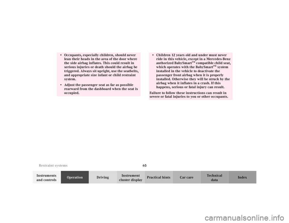 MERCEDES-BENZ SL CLASS 2002  Owners Manual 65 Restraint systems
Te ch n ica l
data Instruments 
and controlsOperationDrivingInstrument 
cluster displayPractical hints Car care Index
• Occupants, especially children, should never 
lean their 