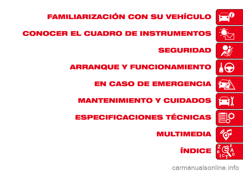 Abarth 124 Spider 2016  Manual de Empleo y Cuidado (in Spanish) FAMILIARIZACIÓN CON SU VEHÍCULO
CONOCER EL CUADRO DE INSTRUMENTOS
SEGURIDAD
ARRANQUE Y FUNCIONAMIENTO
EN CASO DE EMERGENCIA
MANTENIMIENTO Y CUIDADOS
ESPECIFICACIONES TÉCNICAS
MULTIMEDIA
ÍNDICE 