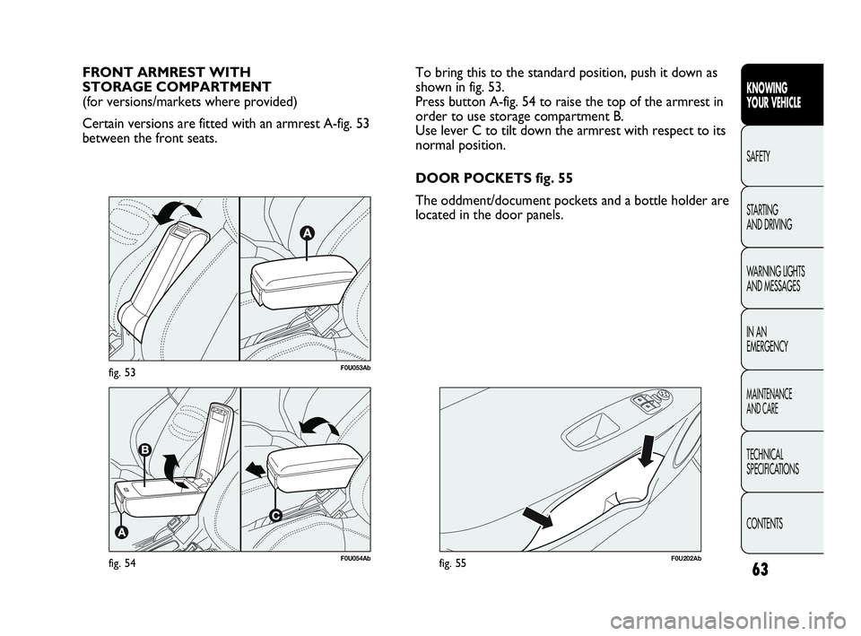 Abarth Punto 2016  Owner handbook (in English) 63
KNOWING
YOUR VEHICLE
SAFETY
STARTING 
AND DRIVING
WARNING LIGHTS
AND MESSAGES
IN AN 
EMERGENCY
MAINTENANCE
AND CARE
TECHNICAL
SPECIFICATIONS
CONTENTS
F0U054Abfig. 54
FRONT ARMREST WITH 
STORAGE COM