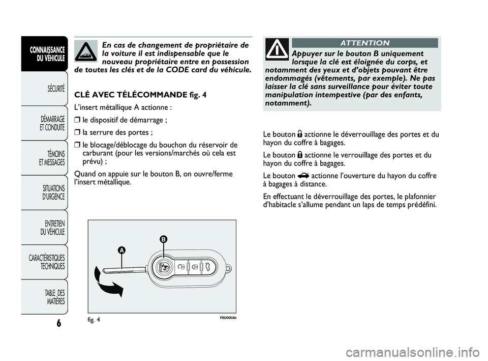 Abarth Punto 2020  Notice dentretien (in French) F0U005Abfig. 4
CLÉ AVEC TÉLÉCOMMANDE fig. 4
L’insert métallique A actionne :
❒le dispositif de démarrage ;
❒la serrure des portes ;
❒le blocage/déblocage du bouchon du réservoir de
carb