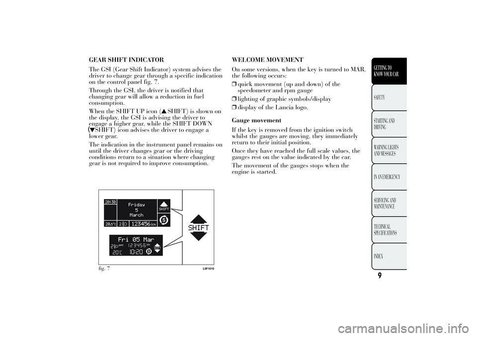 Lancia Ypsilon 2013  Owner handbook (in English) GEAR SHIFT INDICATOR
The GSI (Gear Shift Indicator) system advises the
driver to change gear through a specific indication
on the control panel fig. 7.
Through the GSI, the driver is notified that
cha
