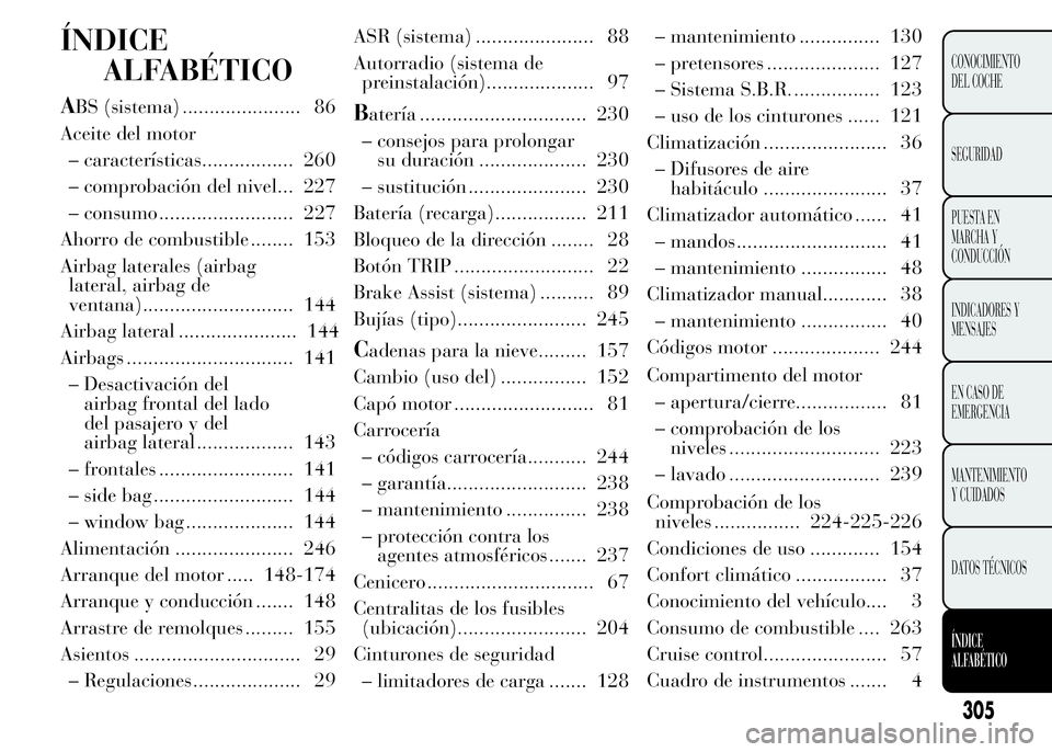 Lancia Ypsilon 2015  Manual de Empleo y Cuidado (in Spanish) ÍNDICE
ALFABÉTICO
ABS (sistema) ...................... 86
Aceite del motor
– características................. 260
– comprobación del nivel... 227
– consumo ......................... 227
Ahor