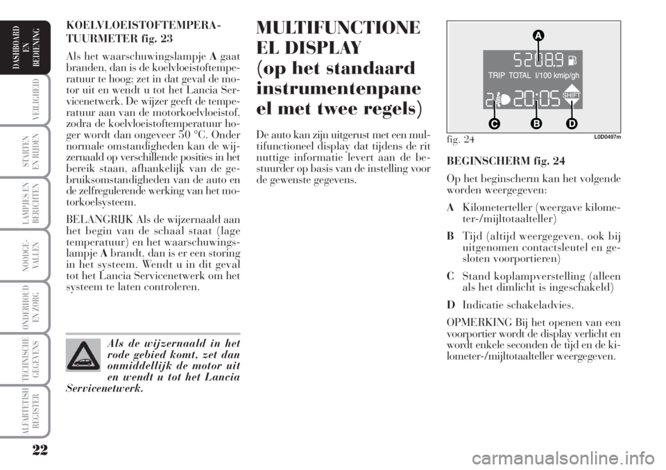 Lancia Musa 2010  Instructieboek (in Dutch) 22
STARTEN
EN RIJDEN
LAMPJES EN
BERICHTEN
NOODGE-
VALLEN
ONDERHOUD
EN ZORG
TECHNISCHE
GEGEVENS
ALFABTETISH
REGISTER
VEILIGHEID
DASHBOARD
EN
BEDIENING
MULTIFUNCTIONE
EL DISPLAY
(op het standaard
instru