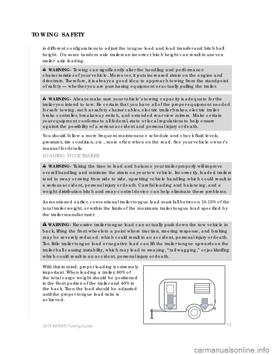 INFINITI QX30 2019  Towing Guide  
 
 
 
 
2019 INFINITI Towing Guide  
 
 
13
in different configurations to adjust the tongue load and load transfer and hitch ball 
height.  On some tandem axle trailers an incorrect hitch height ca