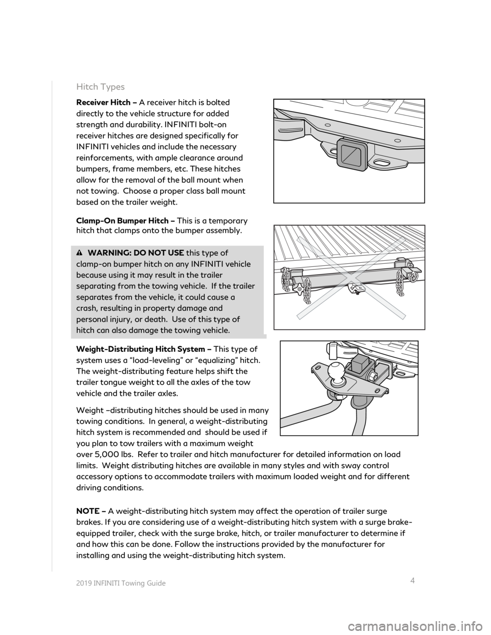 INFINITI QX30 2019  Towing Guide  
 
 
 
 
2019 INFINITI Towing Guide  
 
 
4
Hitch Types  
Receiver Hitch – A receiver hitch is bolted 
directly to the vehicle structure for added 
strength and durability. INFINITI bolt-on 
receiv