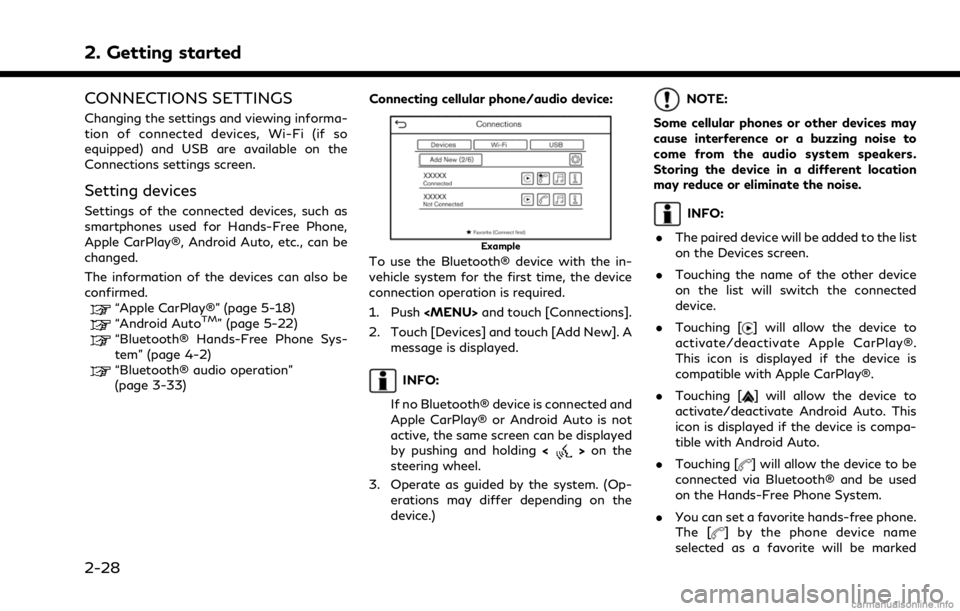 INFINITI Q60 COUPE 2021  Infiniti Intouch 2. Getting started
CONNECTIONS SETTINGS
Changing the settings and viewing informa-
tion of connected devices, Wi-Fi (if so
equipped) and USB are available on the
Connections settings screen.
Setting d