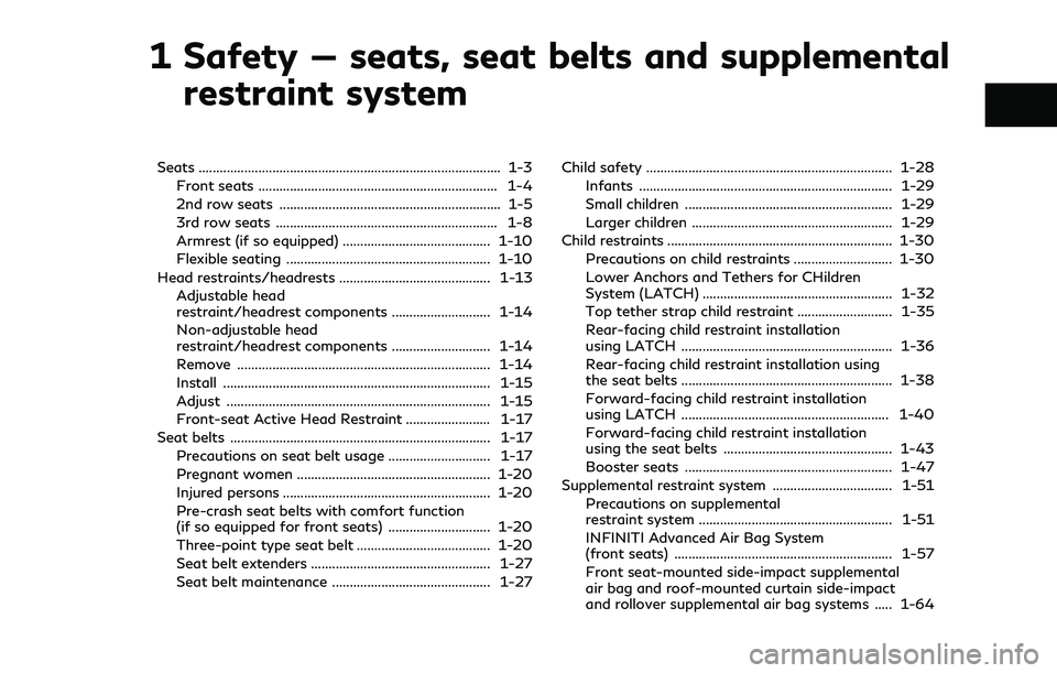 INFINITI QX80 2020  Owners Manual 1 Safety — seats, seat belts and supplementalrestraint system
Seats ........................................................................\
.............. 1-3
Front seats .........................