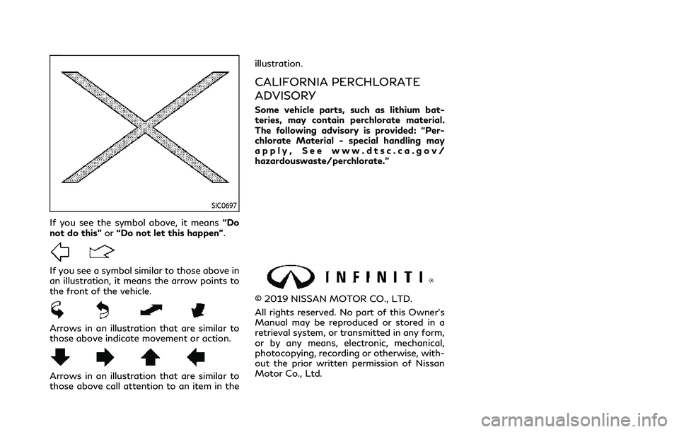 INFINITI QX80 2020  Owners Manual SIC0697
If you see the symbol above, it means“Do
not do this” or“Do not let this happen”.
If you see a symbol similar to those above in
an illustration, it means the arrow points to
the front 