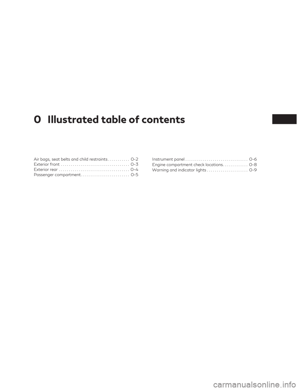 INFINITI QX60 2020  Owners Manual 0 Illustrated table of contents
Air bags, seat belts and child restraints........... 0-2
Exterior front ................................... 0-3
Exterior rear .................................... 0-4
P