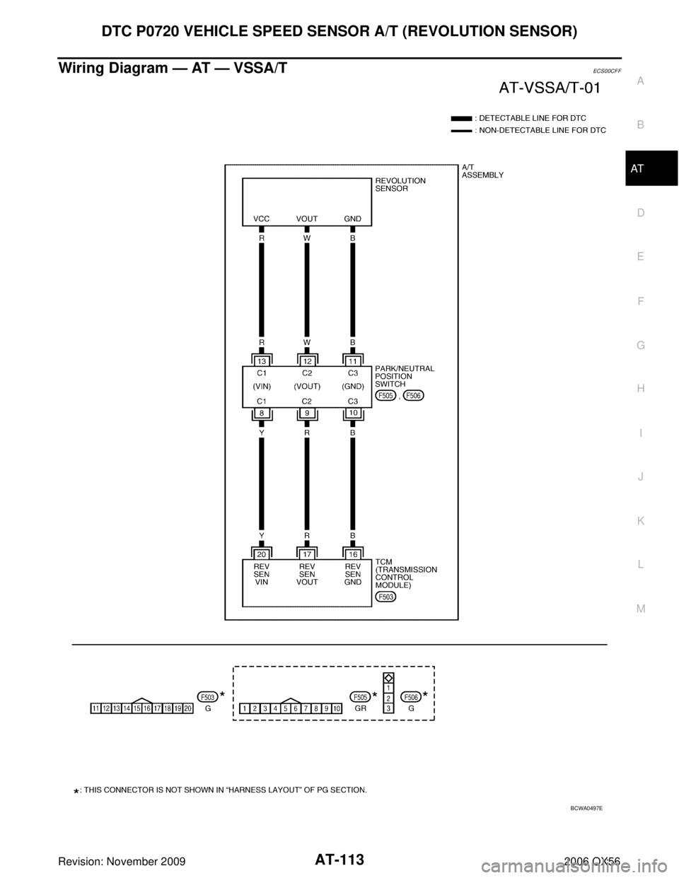 INFINITI QX56 2006  Factory User Guide DTC P0720 VEHICLE SPEED SENSOR A/T (REVOLUTION SENSOR)AT-113
DE
F
G H
I
J
K L
M A
B
AT
Revision: November 2009 2006 QX56
Wiring Diagram — AT — VSSA/TECS00CFF
BCWA0497E 