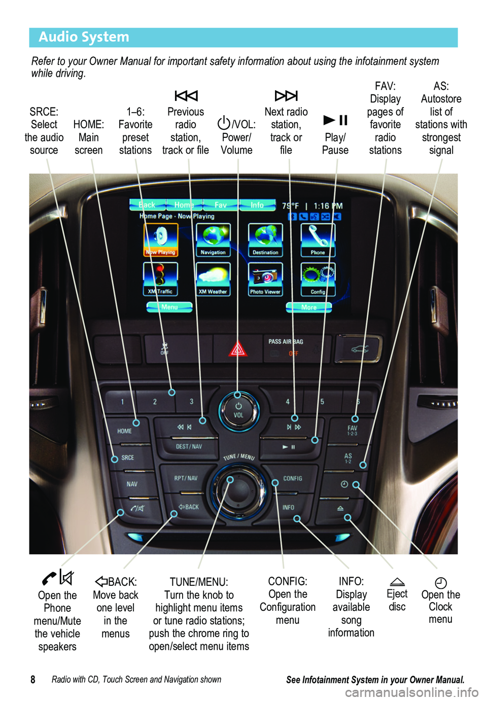 BUICK ENCLAVE 2013  Get To Know Guide 8
Audio System
Radio with CD, Touch Screen and Navigation shown
SRCE: Select the audio source
/VOL: Power/ Volume
 Next radio station, track or file
1–6: Favorite preset stations
HOME: Main screen
 