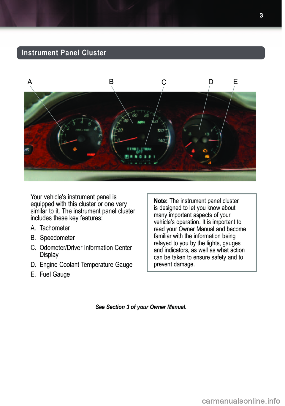 BUICK LUCERNE 2007  Get To Know Guide 3
Your vehicle’s instrument panel is
equipped with this cluster or one very
similar to it. The instrument panel clusterincludes these key features:
A. Tachometer
B. Speedometer
C. Odometer/Driver In