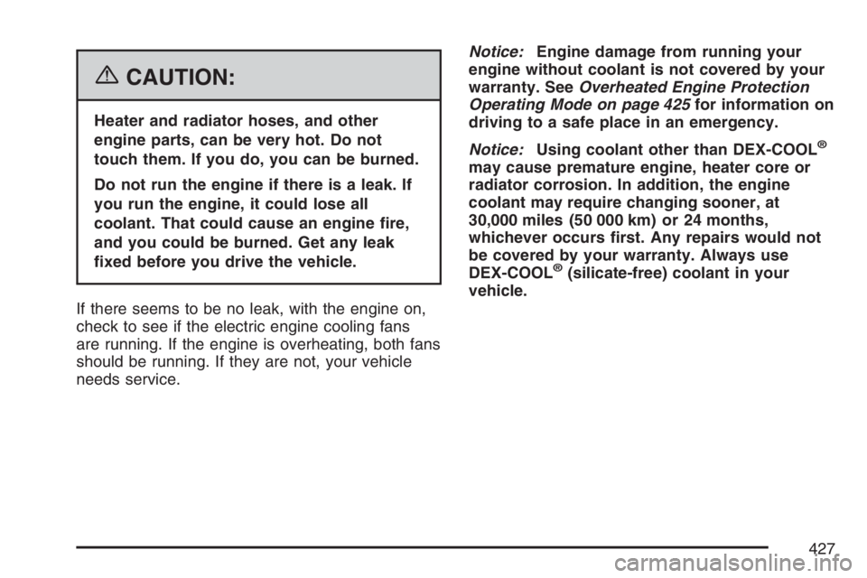 BUICK TERRAZA 2007  Owners Manual {CAUTION:
Heater and radiator hoses, and other
engine parts, can be very hot. Do not
touch them. If you do, you can be burned.
Do not run the engine if there is a leak. If
you run the engine, it could