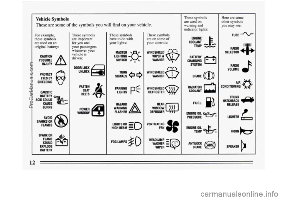 BUICK PARK AVENUE 1993  Owners Manual ! 
! 
Vehicle Symbols 
These are some of the symbols you  will find on your vehicle. 
For example, 
these symbols 
are  used  on an 
original  battery: 
POSSIBLE A 
CAUTION 
INJURY 
PROTECT 
EYES  BY 