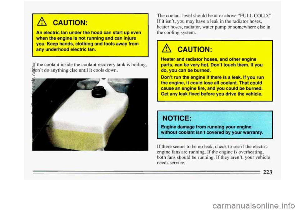 BUICK PARK AVENUE 1993  Owners Manual I A CAUTION: 
An electric fan under the hood can start  up  even 
when  the engine 
is not  running  and can injure 
you.  Keep  hands,  clothing and tools  away  from 
any  underhood electric  fan. 
