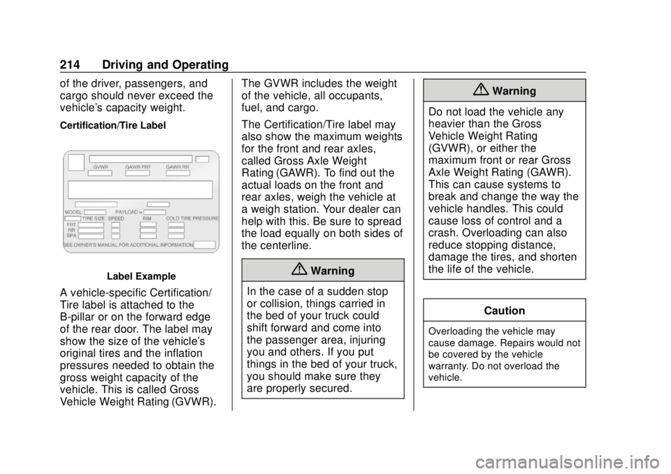 GMC CANYON 2018  Owners Manual GMC Canyon/Canyon Denali Owner Manual (GMNA-Localizing-U.S./Canada-
11354423) - 2018 - crc - 10/12/17
214 Driving and Operating
of the driver, passengers, and
cargo should never exceed the
vehicle'