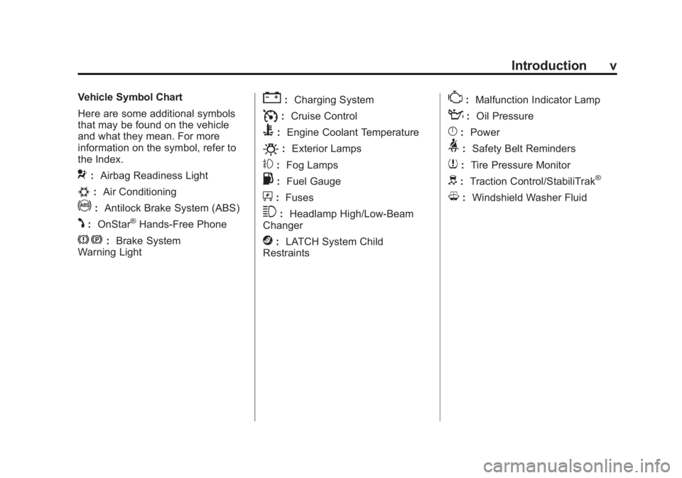 GMC CANYON 2012  Owners Manual Black plate (5,1)GMC Canyon Owner Manual - 2012
Introduction v
Vehicle Symbol Chart
Here are some additional symbols
that may be found on the vehicle
and what they mean. For more
information on the sy