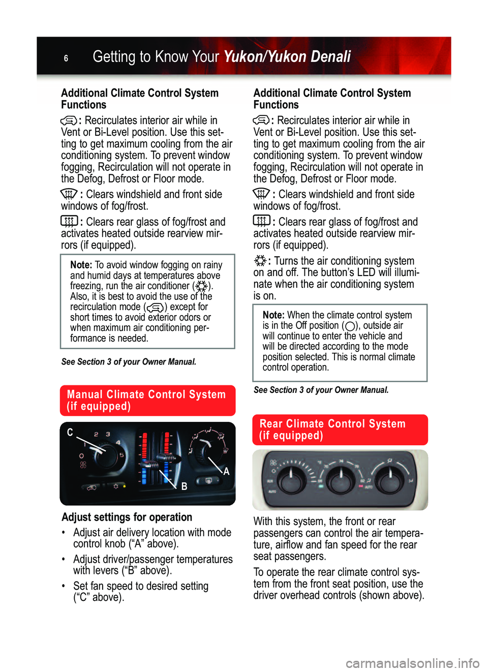 GMC YUKON 2006  Get To Know Guide Getting to Know YourYukon/Yukon Denali6
Manual Climate Control System 
(if equipped)
Rear Climate Control System 
(if equipped)
With this system, the front or rear 
passengers can control the air temp