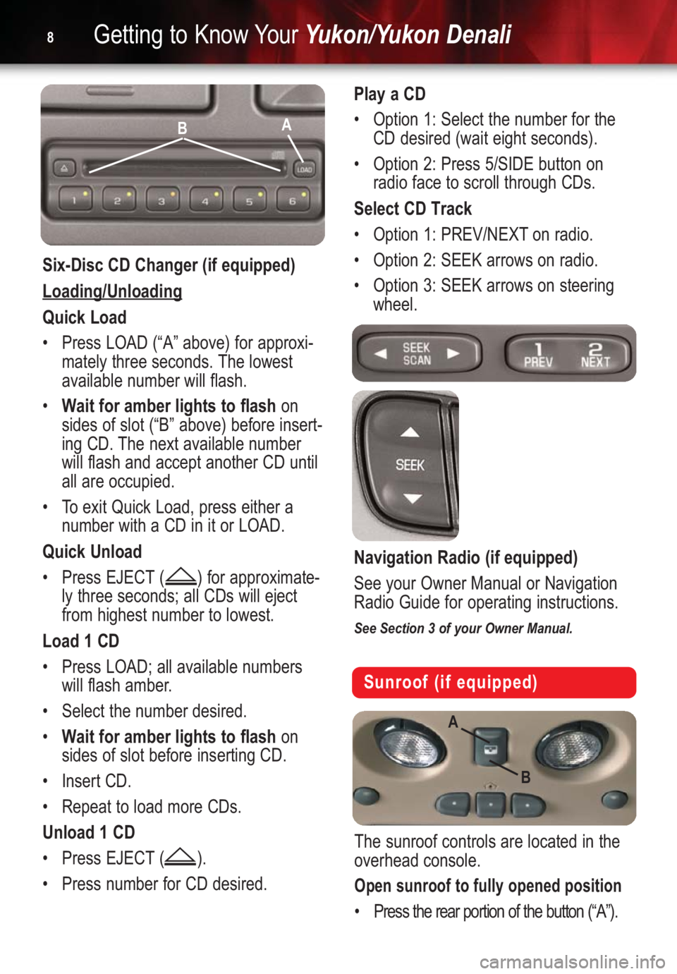 GMC YUKON 2004  Get To Know Guide Getting to Know YourYukon/Yukon Denali8
Six-Disc CD Changer (if equipped)
Loading/Unloading
Quick Load
•Press LOAD (“A” above) for approxi-
mately three seconds. The lowest
available number will