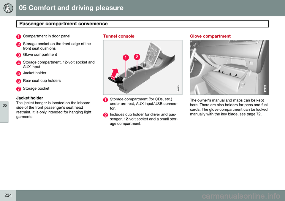 VOLVO XC70 2015  Owner´s Manual 05 Comfort and driving pleasure
Passenger compartment convenience 
05
234
Compartment in door panel
Storage pocket on the front edge of the front seat cushions
Glove compartment
Storage compartment, 1