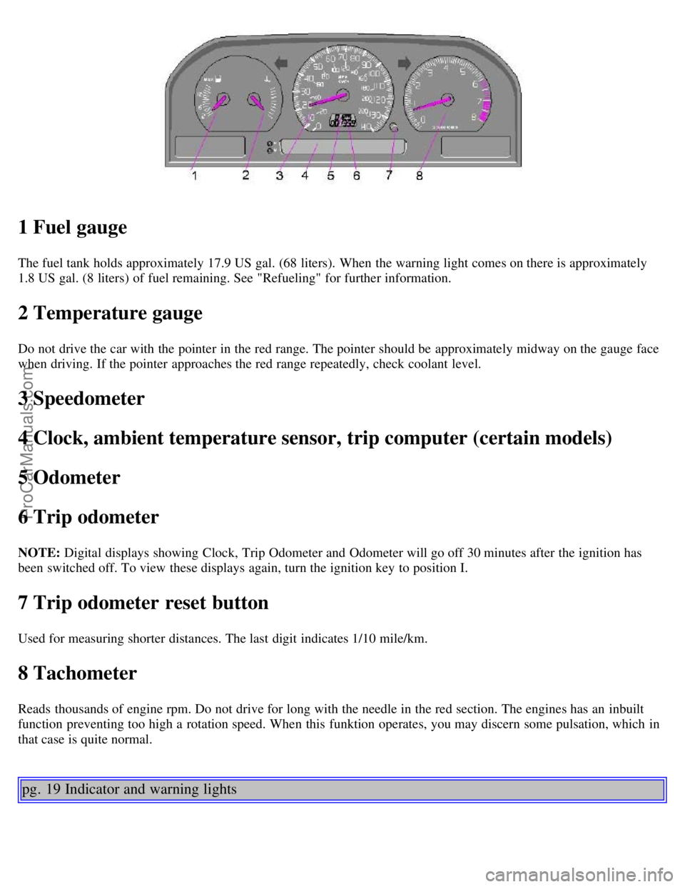 VOLVO C70 2002  Owners Manual 1 Fuel gauge
The fuel tank holds approximately 17.9 US gal. (68 liters). When the warning light comes on there is approximately
1.8 US gal. (8 liters) of fuel remaining. See  "Refueling"  for further 