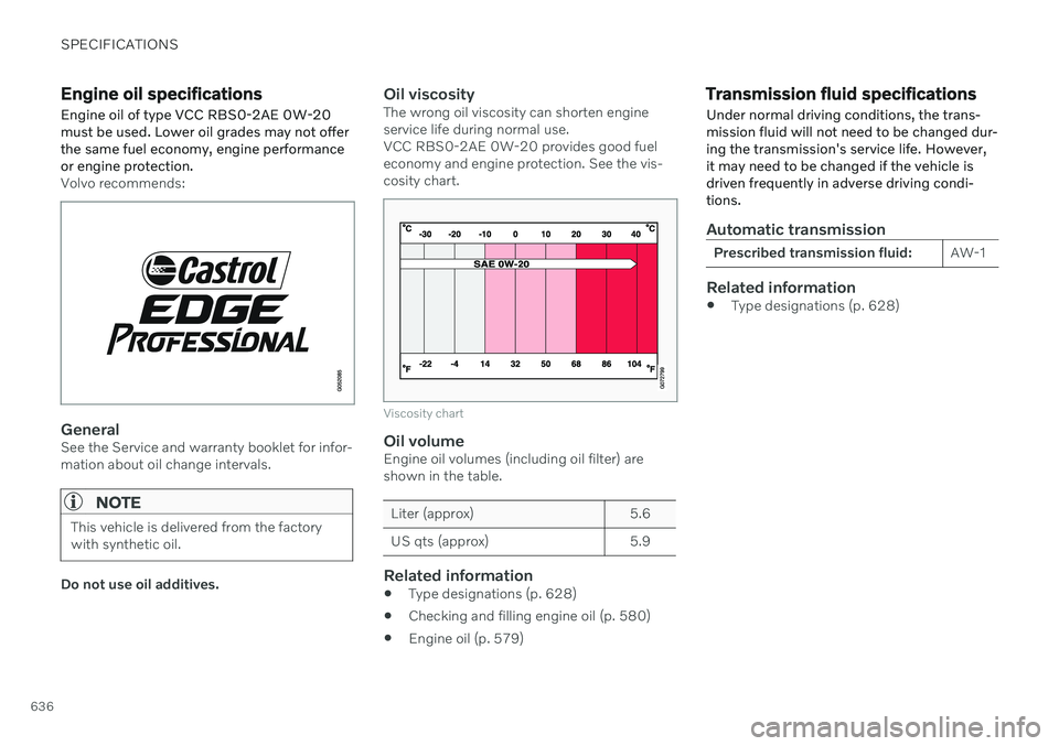 VOLVO V60 2021  Owners Manual SPECIFICATIONS
636
Engine oil specifications Engine oil of type VCC RBS0-2AE 0W-20 must be used. Lower oil grades may not offerthe same fuel economy, engine performanceor engine protection.
Volvo reco