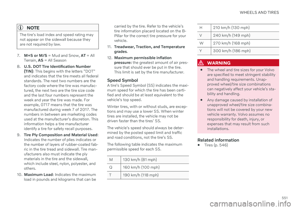 VOLVO XC90 TWIN ENGINE 2020  Owners Manual WHEELS AND TIRES
551
NOTE
The tire's load index and speed rating may not appear on the sidewall because theyare not required by law.
7.M+S or M/S  = Mud and Snow,  AT = All
Terrain,  AS = All Seas