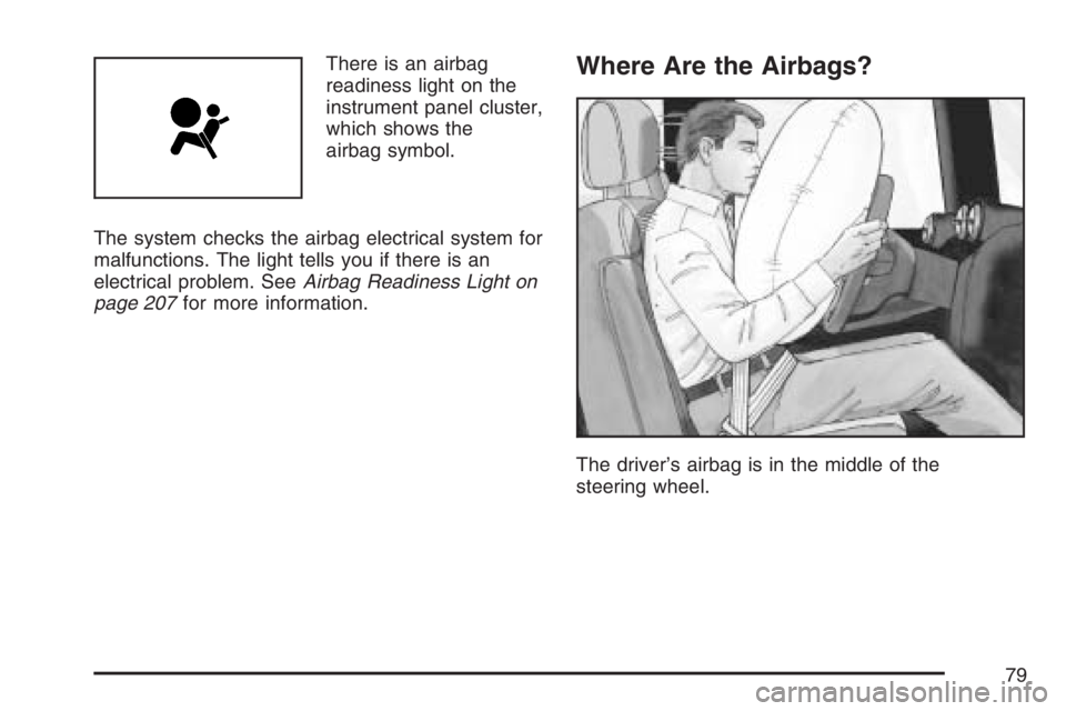 HUMMER H2 2007  Owners Manual There is an airbag
readiness light on the
instrument panel cluster,
which shows the
airbag symbol.
The system checks the airbag electrical system for
malfunctions. The light tells you if there is an
e