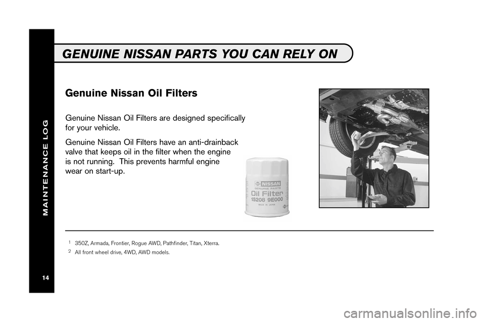 NISSAN ALTIMA 2008 L32A / 4.G Service And Maintenance Guide Genuine NissanOil Fi lters
Genuin eNissan OilFilter sar e designed specifically
foryour vehic le .
Genuin eNissan OilFilter shave ananti\bdrai nback
valve th at ke eps oilin the filt er when the engi 