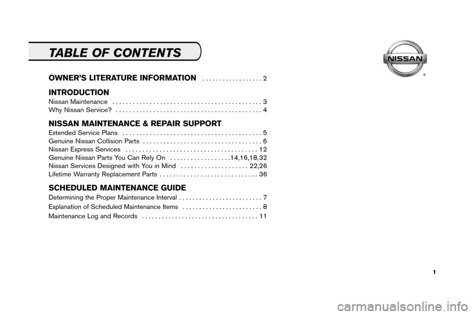 NISSAN ALTIMA 2008 L32A / 4.G Service And Maintenance Guide \f
TABL EOF CO NTE NTS
O WNER’ SLITE RATUR EIN FOR MATION.................. 2
INTR ODUCTIO N
Nissan Mainten ance ............................................ 3
Why Nissan Service ?..................