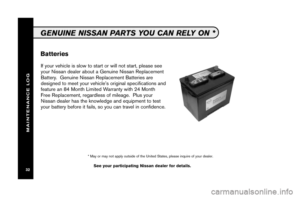 NISSAN TITAN 2008 1.G Service And Maintenance Guide If yo ur vehicle is slow to start or wil lnot start, please see
your Nissan deale rabo utaGenui neNissan Replacement
Batter y. Gen uin e Nissan Replacement Batteriesare
desi gned tome etyour vehicl e�