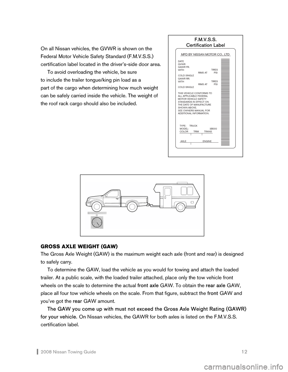 NISSAN 350Z 2008 Z33 Towing Guide  2008 Nissan Towing Guide    12 On all Nissan vehicles, the GVWR is shown on the  
Federal Motor Vehicle Safety Standard (F.M.V.S.S.) 
certification label located in the driver’s-side door area.  
 