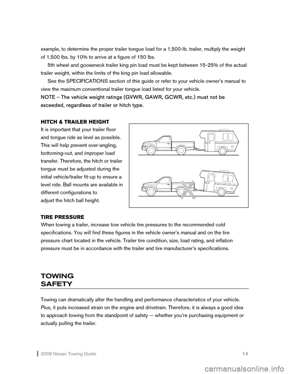 NISSAN ROGUE 2008 1.G Towing Guide  2008 Nissan Towing Guide    14 example, to determine the proper trailer tongue load for a 1,500-lb. trailer, multiply the weight 
of 1,500 lbs. by 10% to arrive at a figure of 150 lbs.  
  5th wheel 