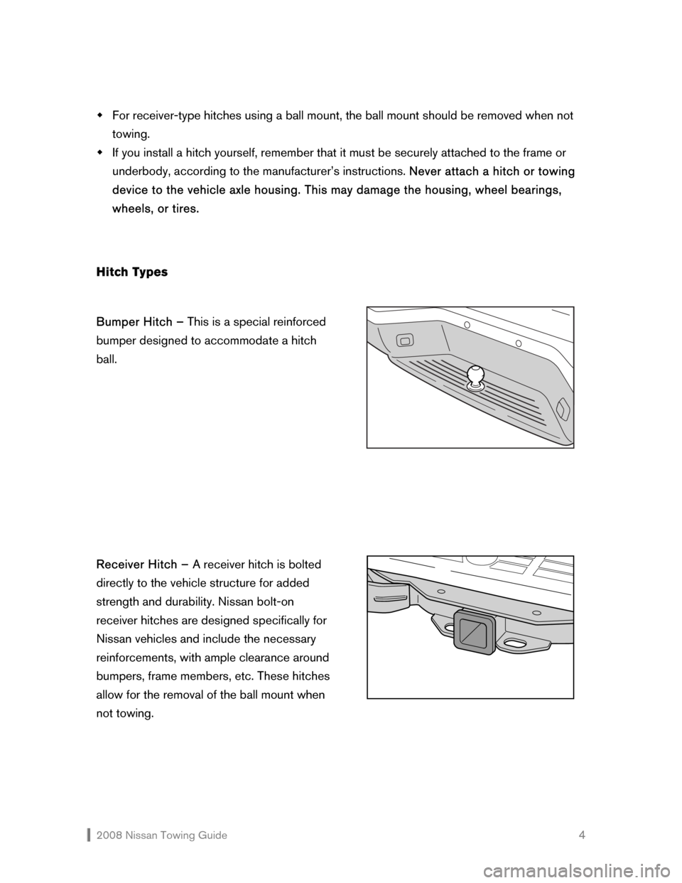 NISSAN TITAN 2008 1.G Towing Guide  2008 Nissan Towing Guide    4 �Š For receiver-type hitches using a ball mount, the ball mount should be removed when not 
towing. 
�Š If you install a hitch yourself, remember that it must be secur