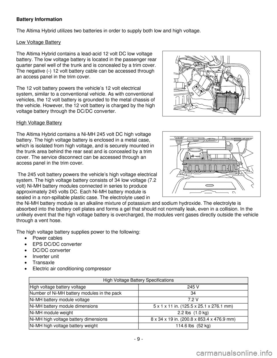 NISSAN ALTIMA HYBRID 2009 L32A / 4.G Dismantling Guide      - 9 - 
Battery Information 
 
The Altima Hybrid utilizes two batteries in order to supply both low and high voltage. 
 
Low Voltage Battery
 
  
The Altima Hybrid contains a lead-acid 12 volt DC 