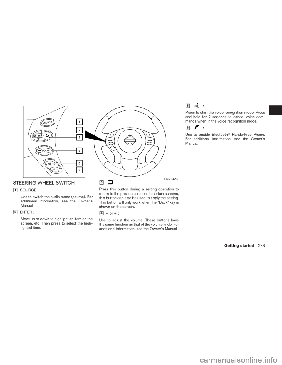 NISSAN ALTIMA HYBRID 2009 L32A / 4.G Navigation Manual STEERING WHEEL SWITCH
1SOURCE :
Use to switch the audio mode (source) . For
additional information, see the Owner’s
Manual.
2ENTER :
Move up or down to highlight an item on the
screen, etc. Then p