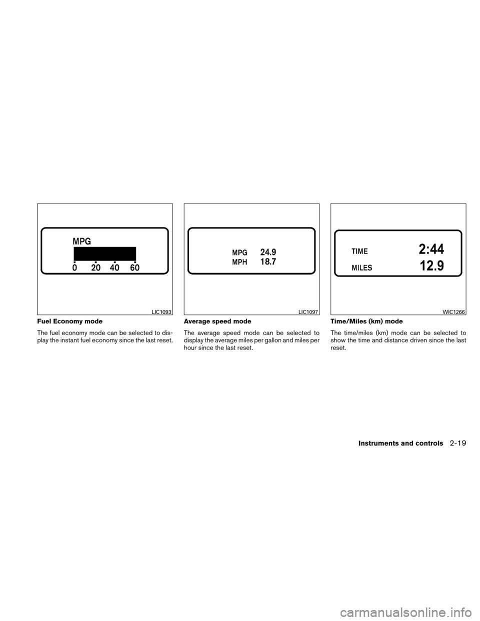 NISSAN ALTIMA HYBRID 2010 L32A / 4.G Owners Manual Fuel Economy mode
The fuel economy mode can be selected to dis-
play the instant fuel economy since the last reset.Average speed mode
The average speed mode can be selected to
display the average mile