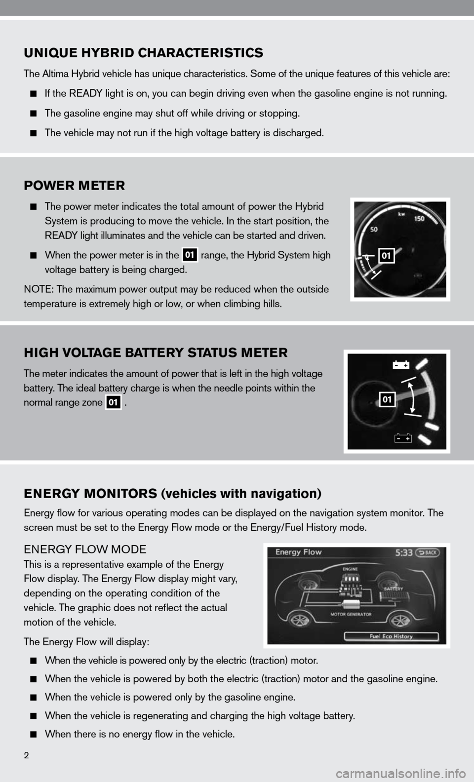 NISSAN ALTIMA HYBRID 2010 L32A / 4.G Quick Reference Guide UNIQUE HYBRID CHARACTERISTICS
The Altima Hybrid vehicle has unique characteristics. Some of the unique features of this vehicle are:
 
  if the ReAdy light is on, you can begin driving even when the g