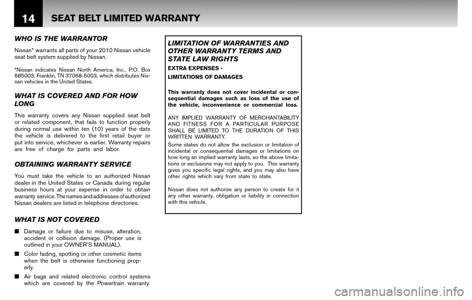 NISSAN VERSA HATCHBACK 2010 1.G Warranty Booklet 