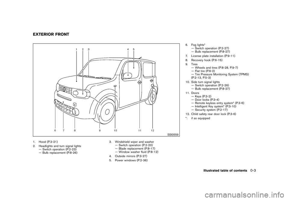 NISSAN CUBE 2010 3.G Owners Manual Black plate (5,1)
Model "Z12-D" EDITED: 2009/ 9/ 17
SSI0559
1. Hood (P.3-21)
2. Headlights and turn signal lights— Switch operation (P.2-23)
— Bulb replacement (P.8-26) 3. Windshield wiper and was