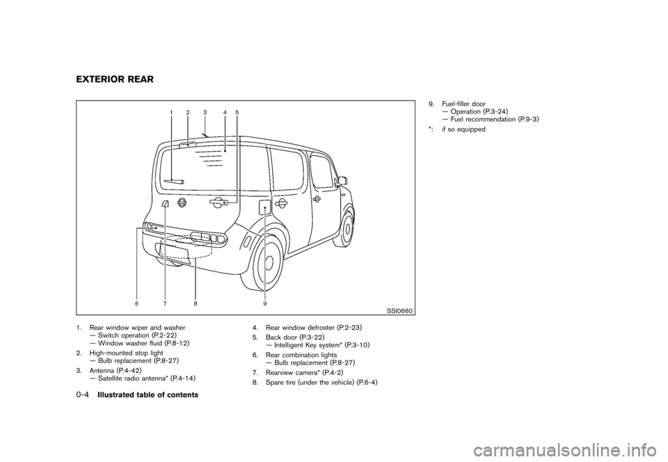 NISSAN CUBE 2010 3.G Owners Manual Black plate (6,1)
Model "Z12-D" EDITED: 2009/ 9/ 17
SSI0660
1. Rear window wiper and washer— Switch operation (P.2-22)
— Window washer fluid (P.8-12)
2. High-mounted stop light — Bulb replacemen