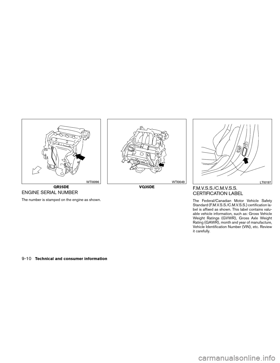 NISSAN ALTIMA COUPE 2011 D32 / 4.G Owners Manual ENGINE SERIAL NUMBER
The number is stamped on the engine as shown.
F.M.V.S.S./C.M.V.S.S.
CERTIFICATION LABEL
The Federal/Canadian Motor Vehicle Safety
Standard (F.M.V.S.S./C.M.V.S.S.) certification la