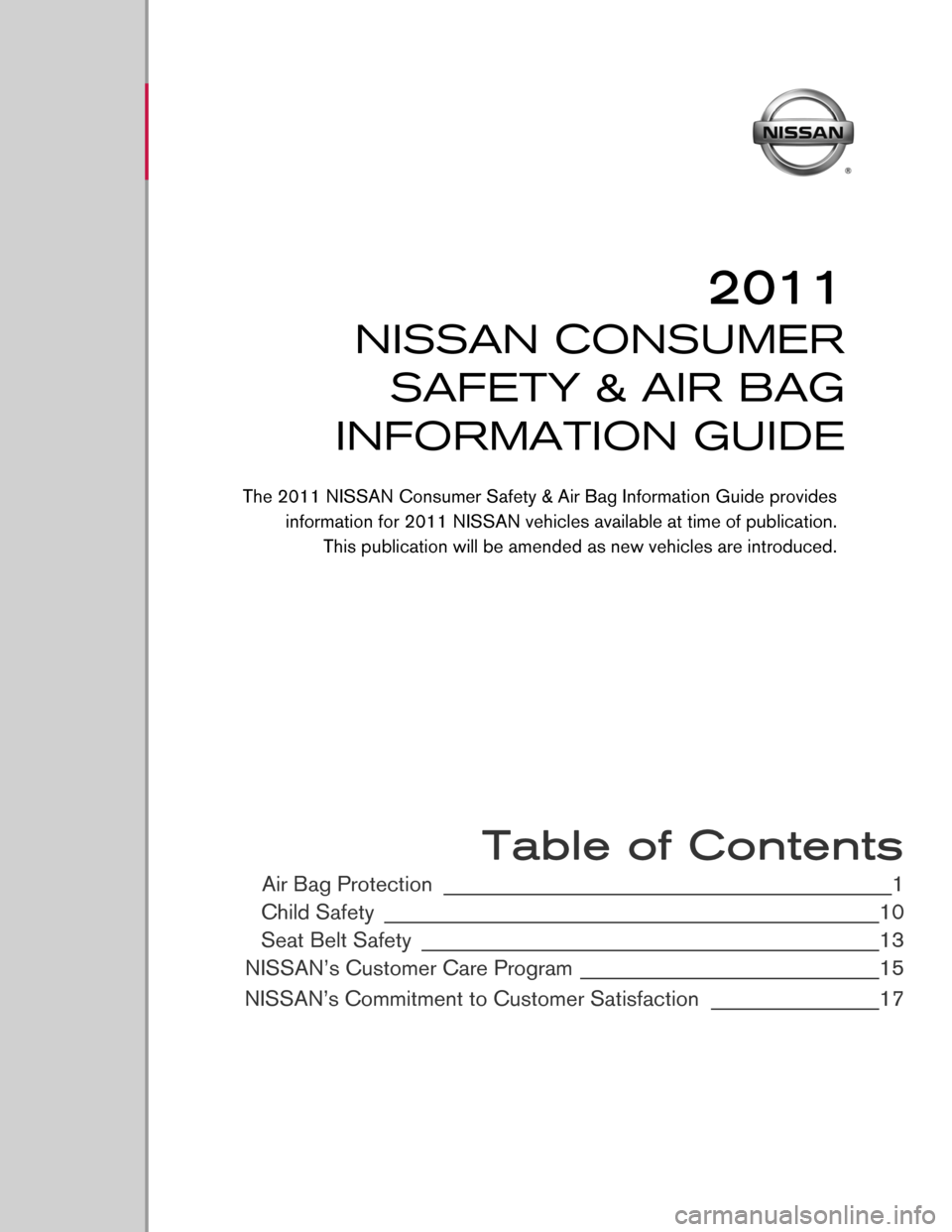 NISSAN VERSA HATCHBACK 2011 1.G Consumer Safety Air Bag Information Guide  
 
 
 
 
 
 
 
 
 
 
 
 
 
 
 
 
 
 
 
 
 
 
 Table of Contents
Air Bag Protection ________________________________________________1
Child Safety
 ____________________________________________________