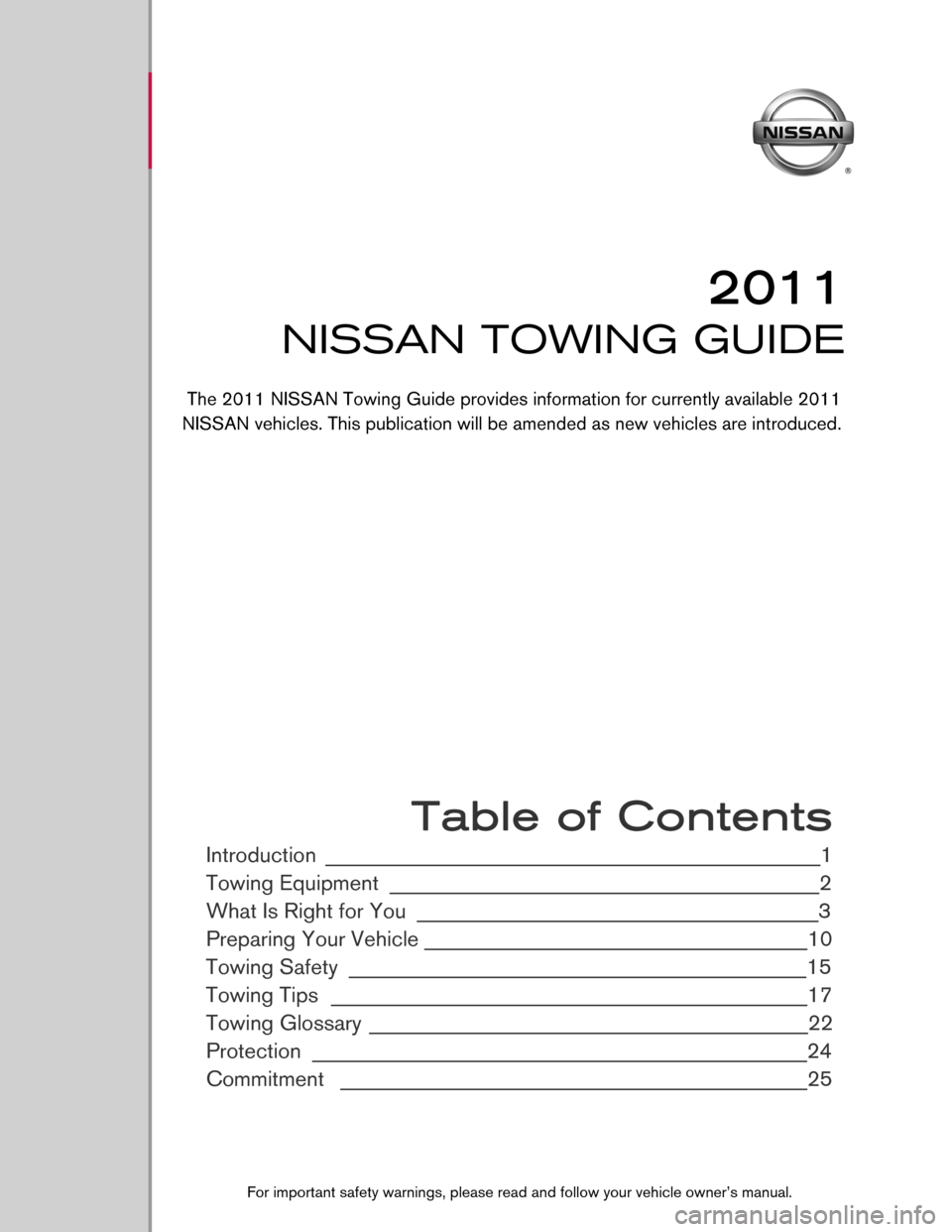 NISSAN VERSA HATCHBACK 2011 1.G Towing Guide 9
2011
NISSAN TOWING GUIDE
 Table of Contents
Introduction _____________________________________________________1 
Towing Equipment
 ______________________________________________2 
What Is Right for 