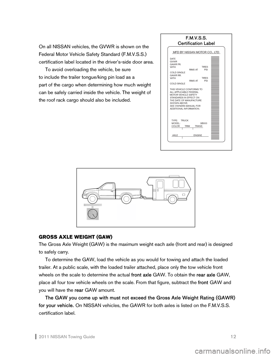 NISSAN CUBE 2011 3.G Towing Guide  2011 NISSAN Towing Guide    12 On all NISSAN vehicles, the GVWR is shown on the  
Federal Motor Vehicle Safety Standard (F.M.V.S.S.) 
certification label located in the driver’s-side door area.  
 